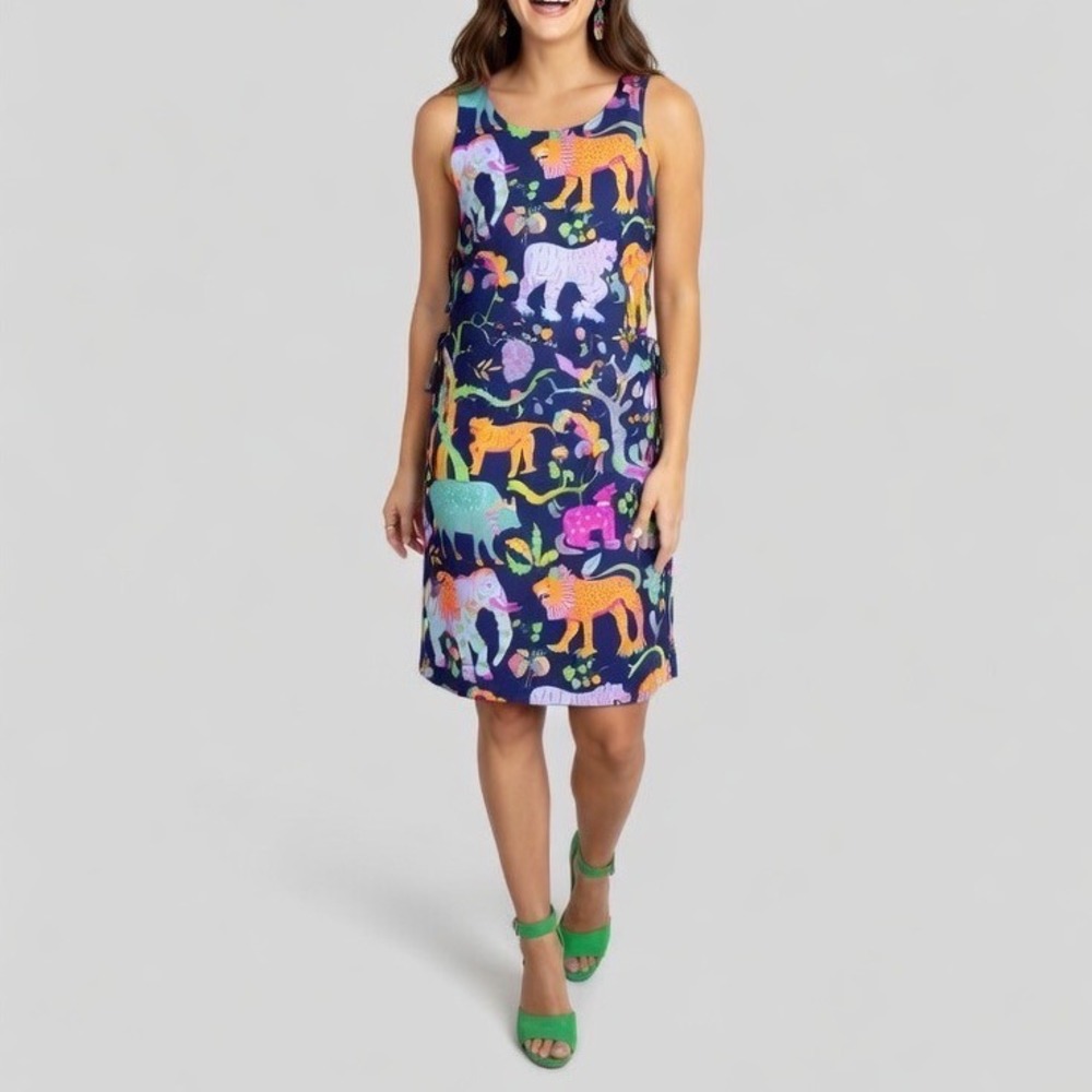 Gretchen Scott Animal Kingdom Dress Women's XS Sleeveless Navy Zoo Animal Print‎